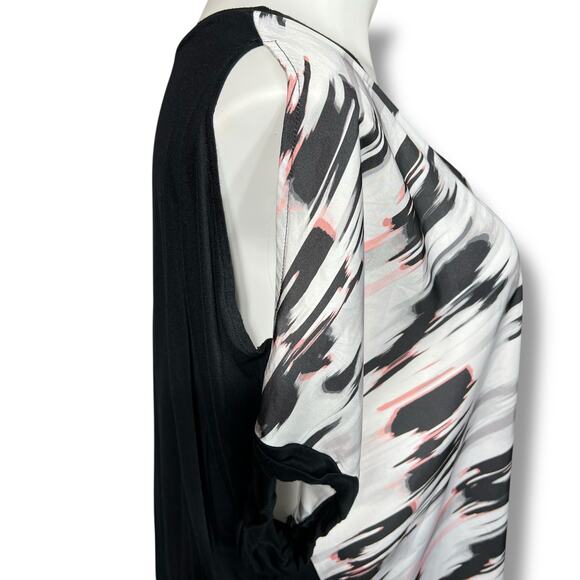 Rebel Womens Blouse Top Shirt Cold Shoulder Abstract Print Black White Pink 2X - Picture 3 of 10